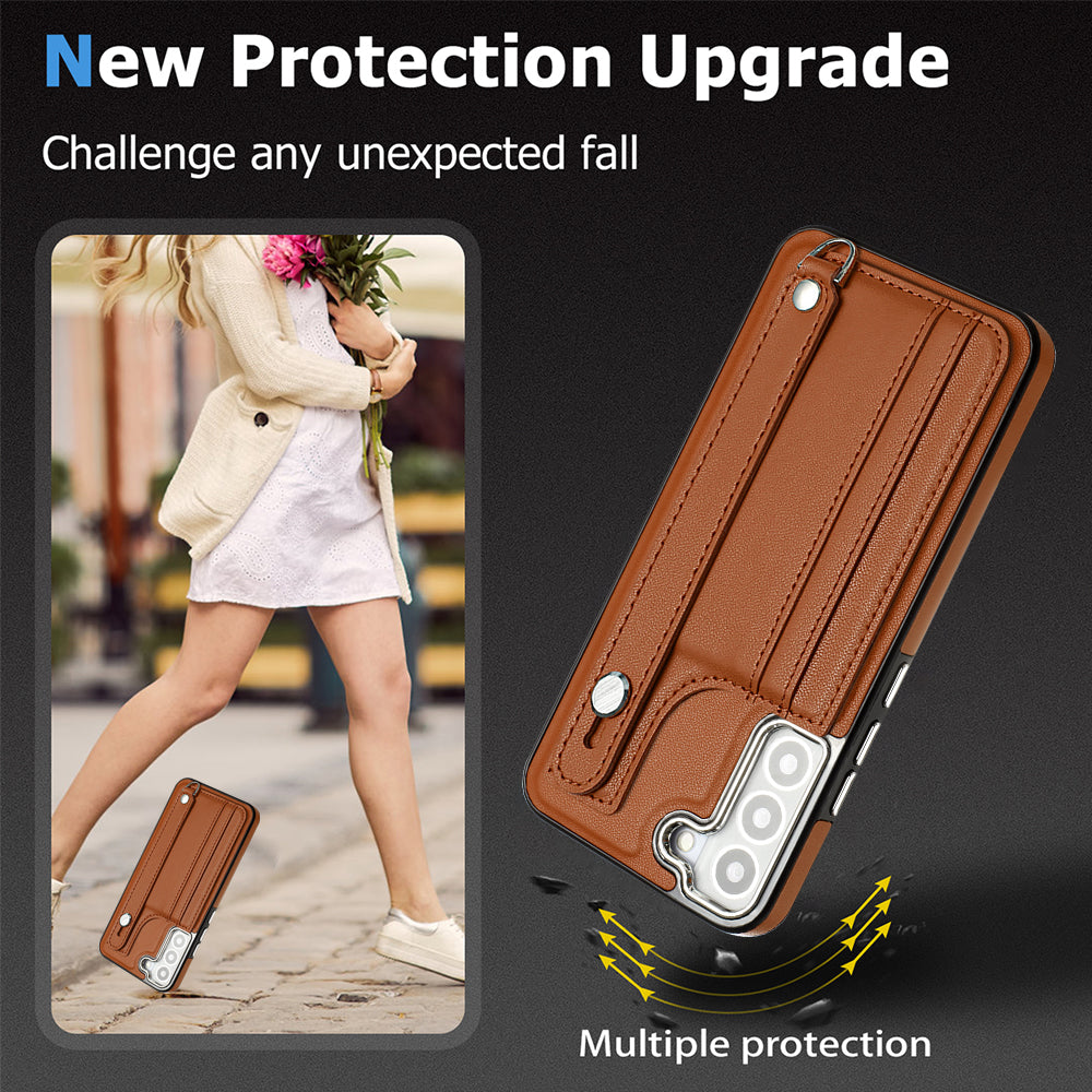 YB Leather Coating Series-5 For Samsung Galaxy S22 5G Card Slots Scratch-proof Cover Leather Coated TPU Kickstand Case YB Leather Coating Series-5 For Samsung Galaxy S22 5G Card Slots Scratch-proof Cover Leather Coated TPU Kickstand Case